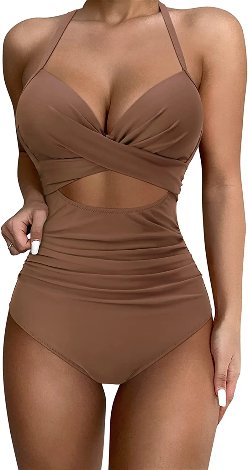 SUUKSESS Women Wrap Cut Out One Piece Swimsuit High Waisted Monokini Bathing Suit