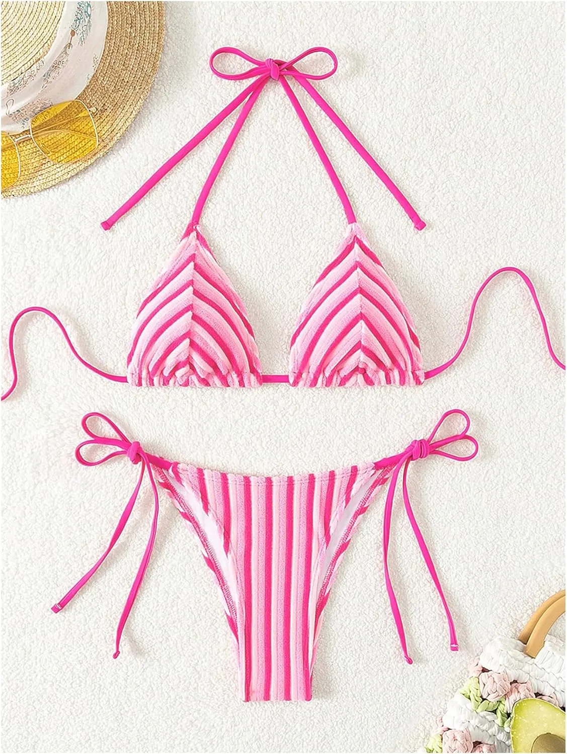 SweatyRocks Women's 2 Piece Triangle Bathing Suit Halter Top ​Tie Side Thong Bikini Swimsuits