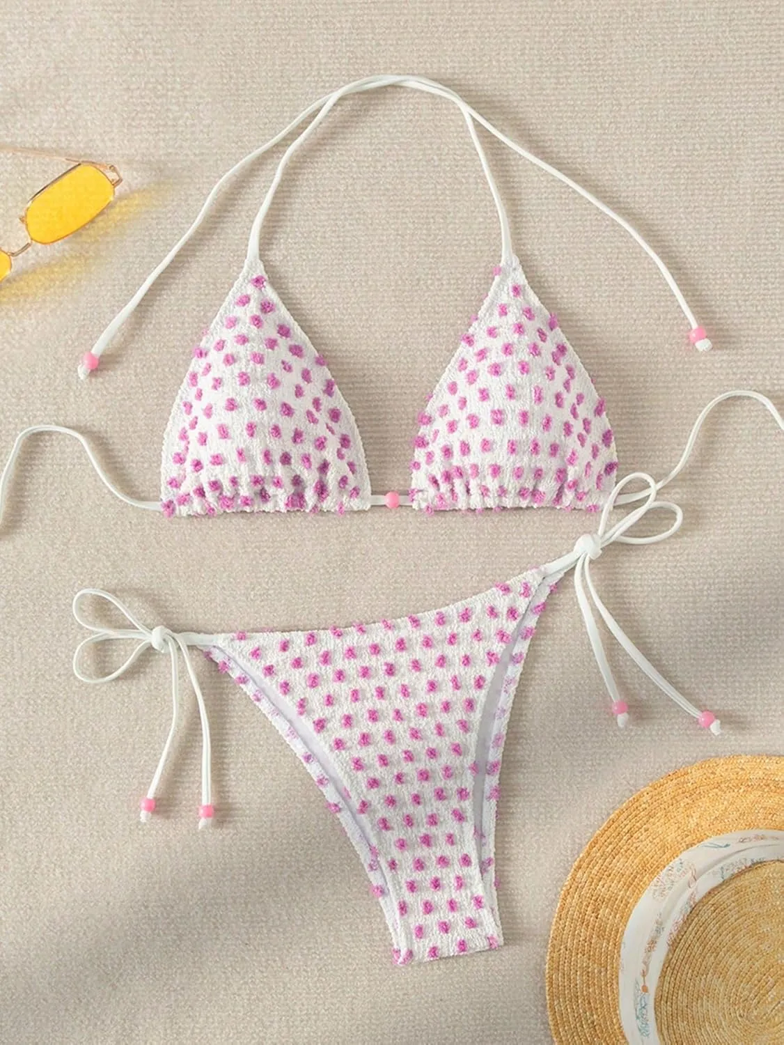 SweatyRocks Women's 2 Piece Triangle Bathing Suit Halter Top ​Tie Side Thong Bikini Swimsuits