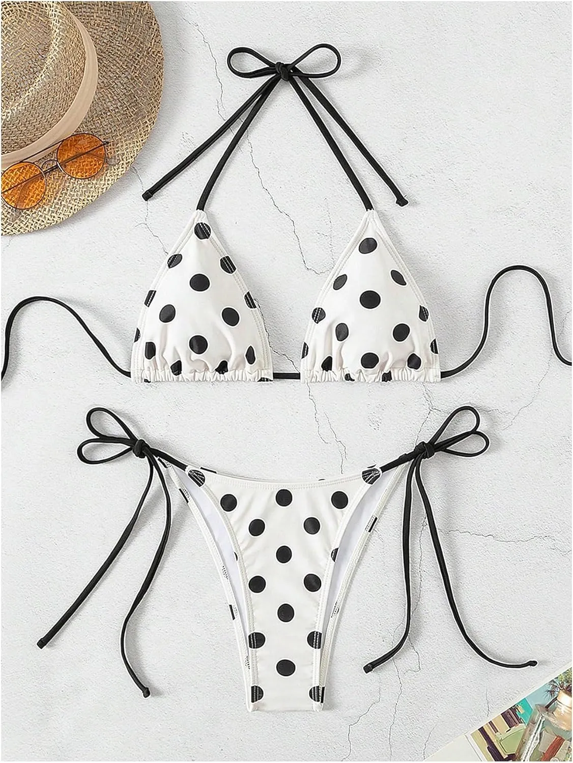 SweatyRocks Women's 2 Piece Triangle Bathing Suit Halter Top ​Tie Side Thong Bikini Swimsuits