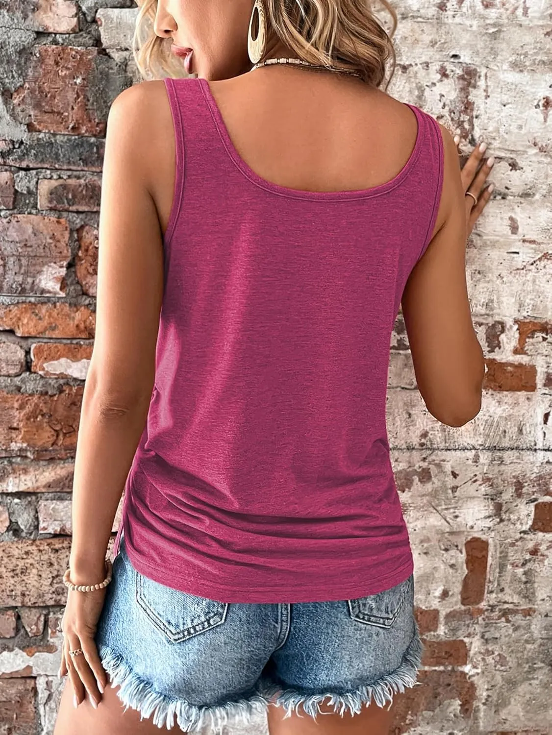 SweatyRocks Women's Scoop Neck Half Button Tank Top Casual Sleeveless Drawstring Tie Side Tops