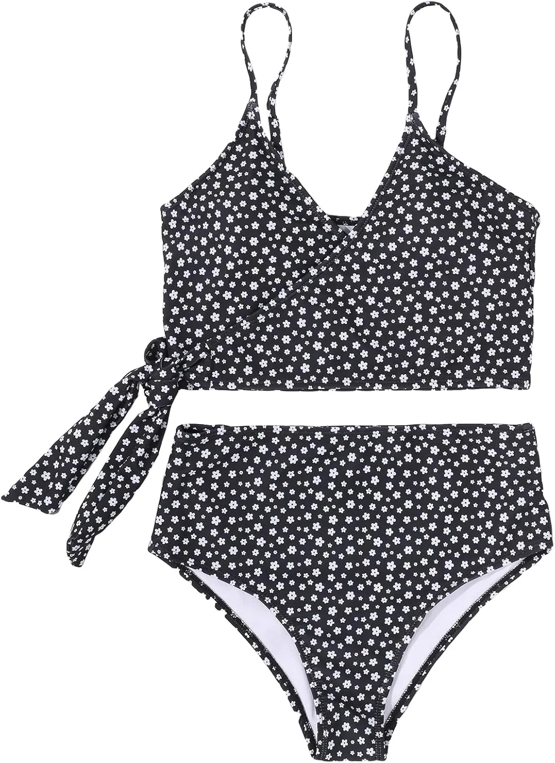 SweatyRocks Women's Two Pieces Swimsuit Solid Color Tie Side Top High Waisted Bikini Set