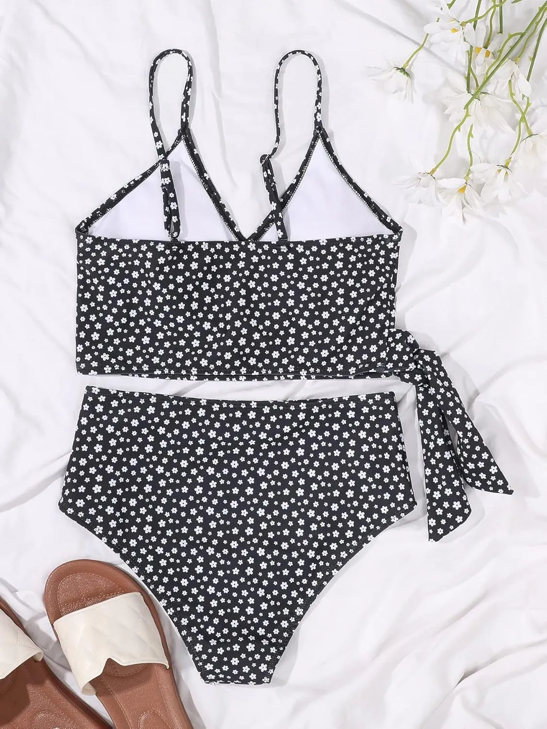 SweatyRocks Women's Two Pieces Swimsuit Solid Color Tie Side Top High Waisted Bikini Set