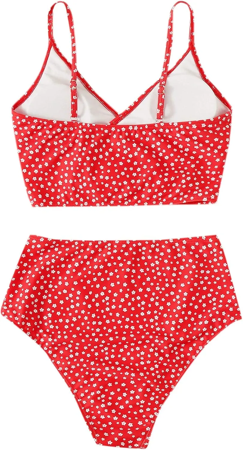 SweatyRocks Women's Two Pieces Swimsuit Solid Color Tie Side Top High Waisted Bikini Set