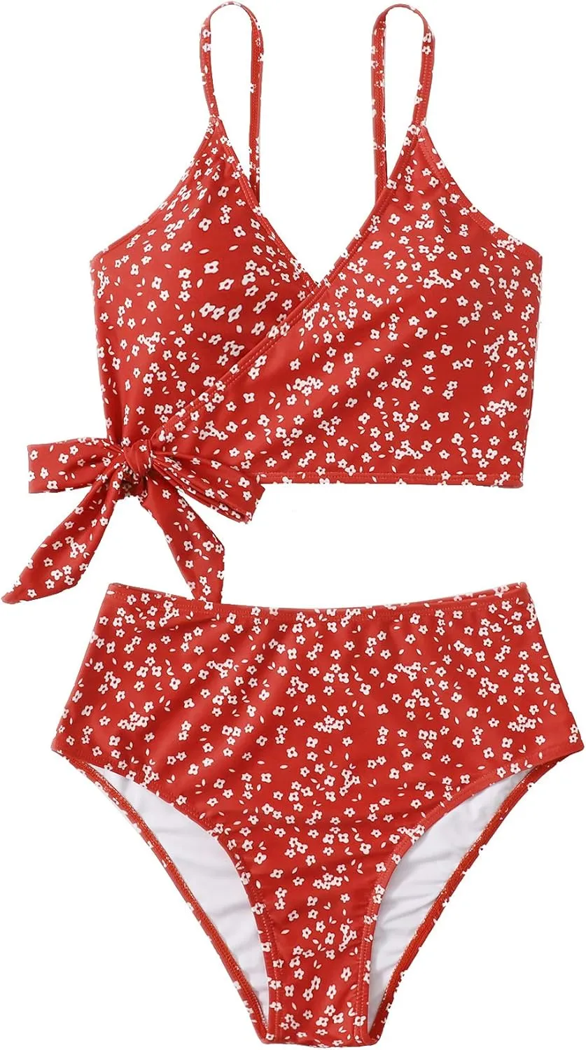 SweatyRocks Women's Two Pieces Swimsuit Solid Color Tie Side Top High Waisted Bikini Set