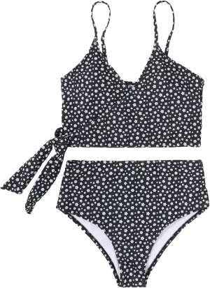 SweatyRocks Women's Two Pieces Swimsuit Solid Color Tie Side Top High Waisted Bikini Set