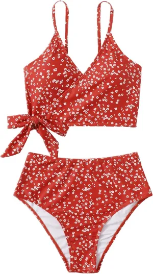 SweatyRocks Women's Two Pieces Swimsuit Solid Color Tie Side Top High Waisted Bikini Set