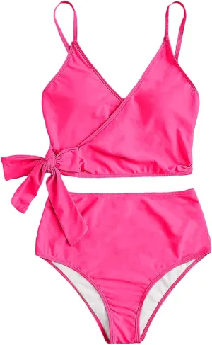 SweatyRocks Women's Two Pieces Swimsuit Solid Color Tie Side Top High Waisted Bikini Set