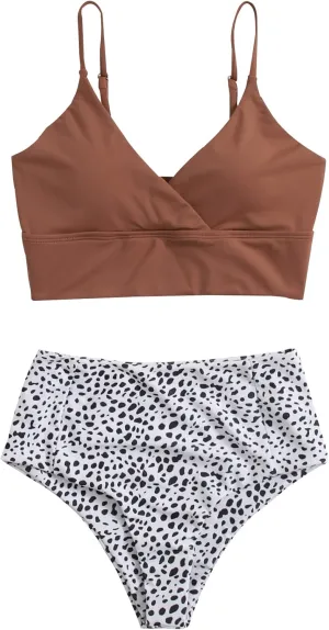SweatyRocks Women's Two Pieces Swimsuit Solid Color Tie Side Top High Waisted Bikini Set