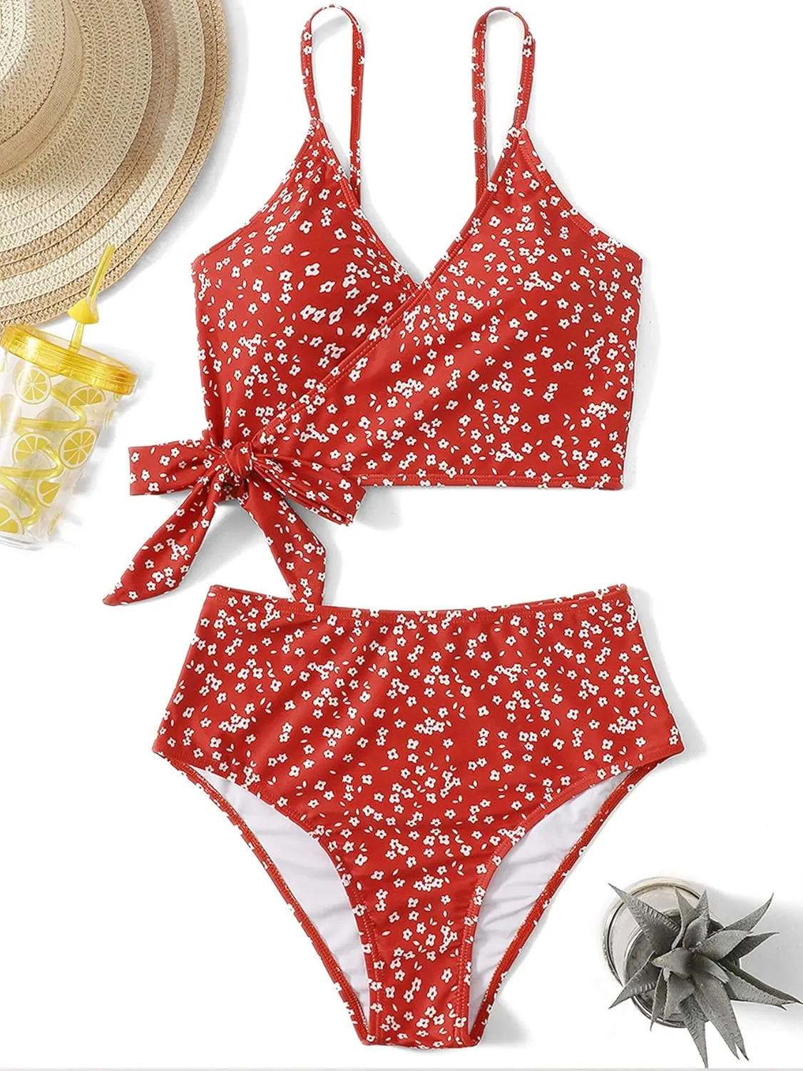 SweatyRocks Women's Two Pieces Swimsuit Solid Color Tie Side Top High Waisted Bikini Set