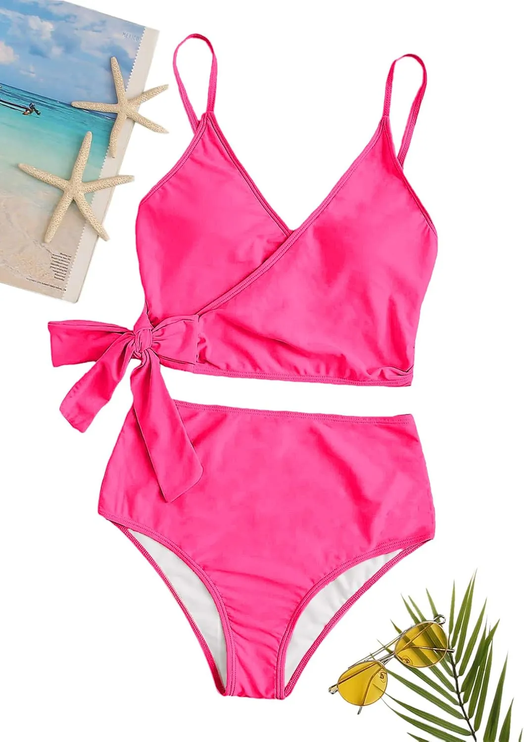 SweatyRocks Women's Two Pieces Swimsuit Solid Color Tie Side Top High Waisted Bikini Set