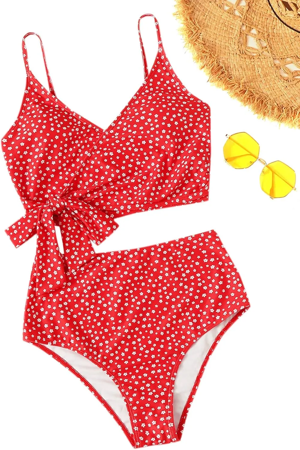 SweatyRocks Women's Two Pieces Swimsuit Solid Color Tie Side Top High Waisted Bikini Set