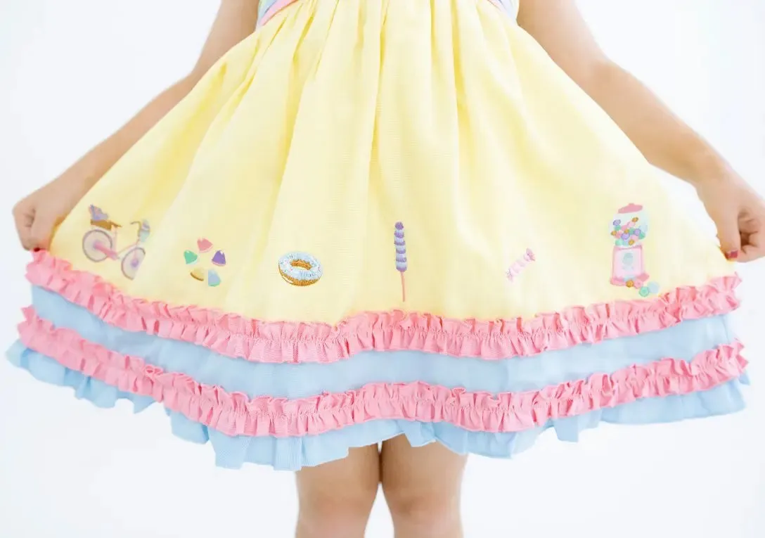 Sweet as Sugar Yellow, Pink, and Blue Embroidered Skirted Bubble