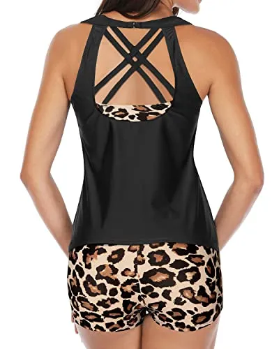 Swim Bikini Top Tankini Set 3 Piece Tankini Set-Black And Leopard