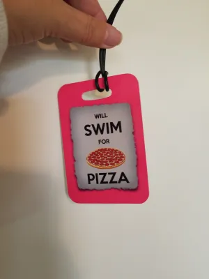 Swim Luggage Tag, Bag Tag,  will Swim for PIZZA, Sport Bag Tag, Swim Team Bag Tag, Swim Party favor
