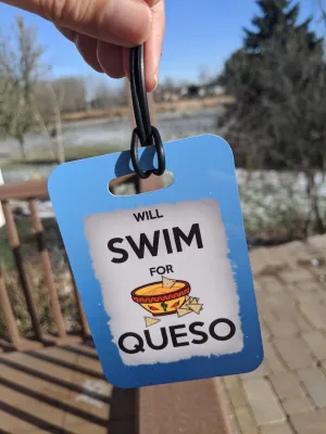 Swim Luggage Tag, Bag Tag,  will Swim for QUESO Sport Bag Tag, Swim Team Bag Tag, Swim Party favor