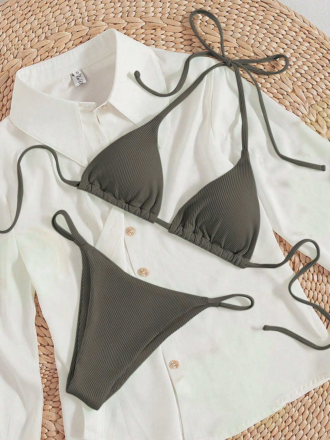 Swim Summer Beach Rib Knit Halter Triangle Bikini Swimsuit