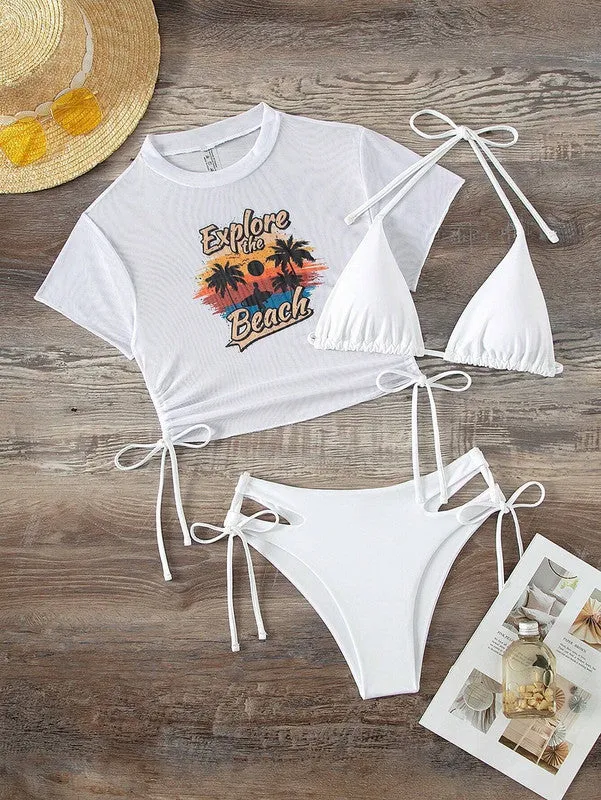Swim Sunset Print Cami Three Piece Swimsuit White