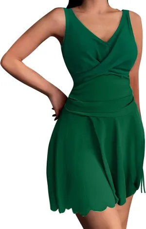 Swimsuits for Women V Neck 1 Piece Swimdress Tummy Control Swimsuit Swim Dress with Skirt Twist Front Bathing Suits