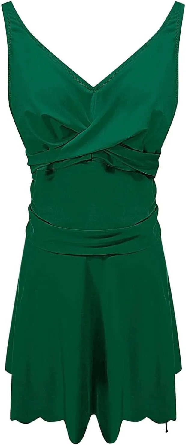 Swimsuits for Women V Neck 1 Piece Swimdress Tummy Control Swimsuit Swim Dress with Skirt Twist Front Bathing Suits