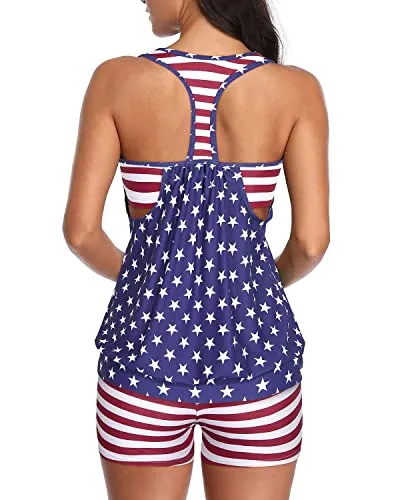 T-Back Blouson Tankini Top Boyshorts Athletic Two Piece Swimsuits For Women-Us Flag