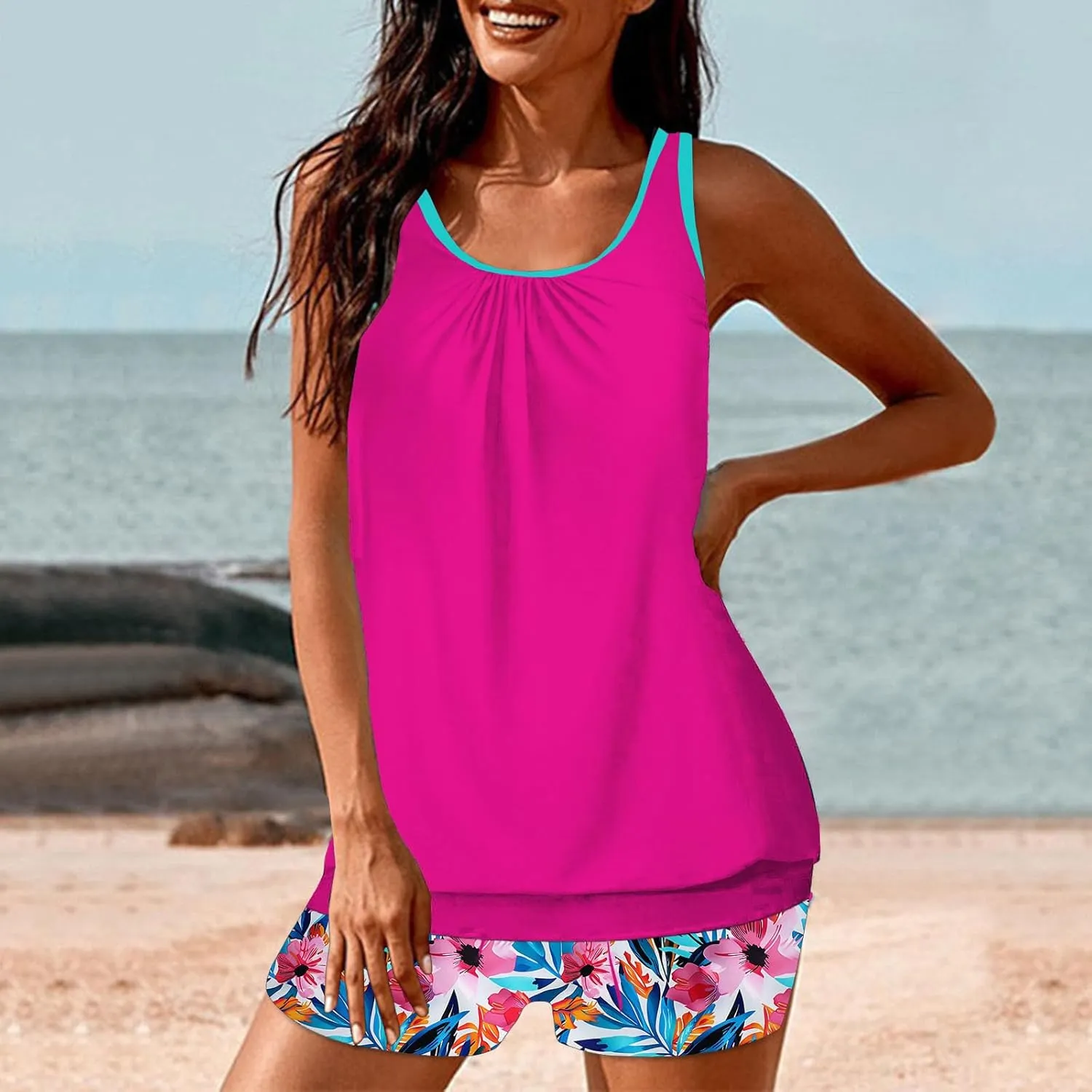 Tankini Swimsuits for Women Tummy Control Blouson Swim Tank Top with Shorts Modest 2 Piece Bathing Suit 2025 Swimwear