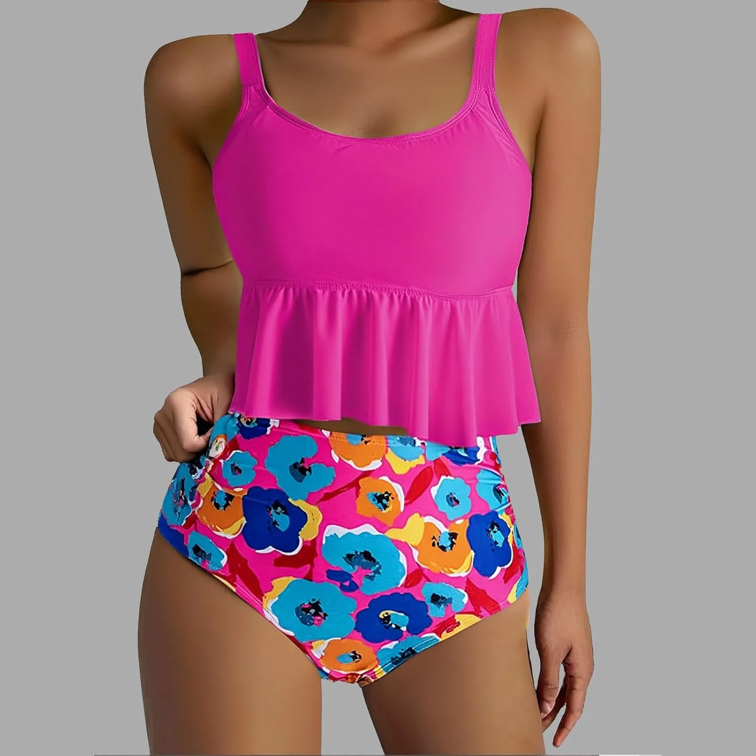 Tankini Swimsuits for Women Two Piece Tummy Control Bathing Suits Ruffle Hem Crop Top and High Waisted Bottom