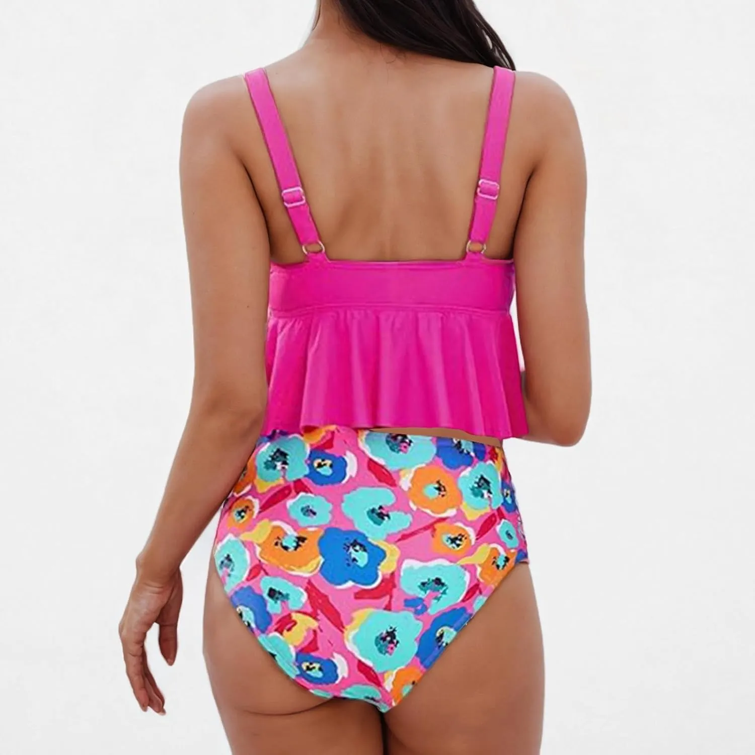 Tankini Swimsuits for Women Two Piece Tummy Control Bathing Suits Ruffle Hem Crop Top and High Waisted Bottom