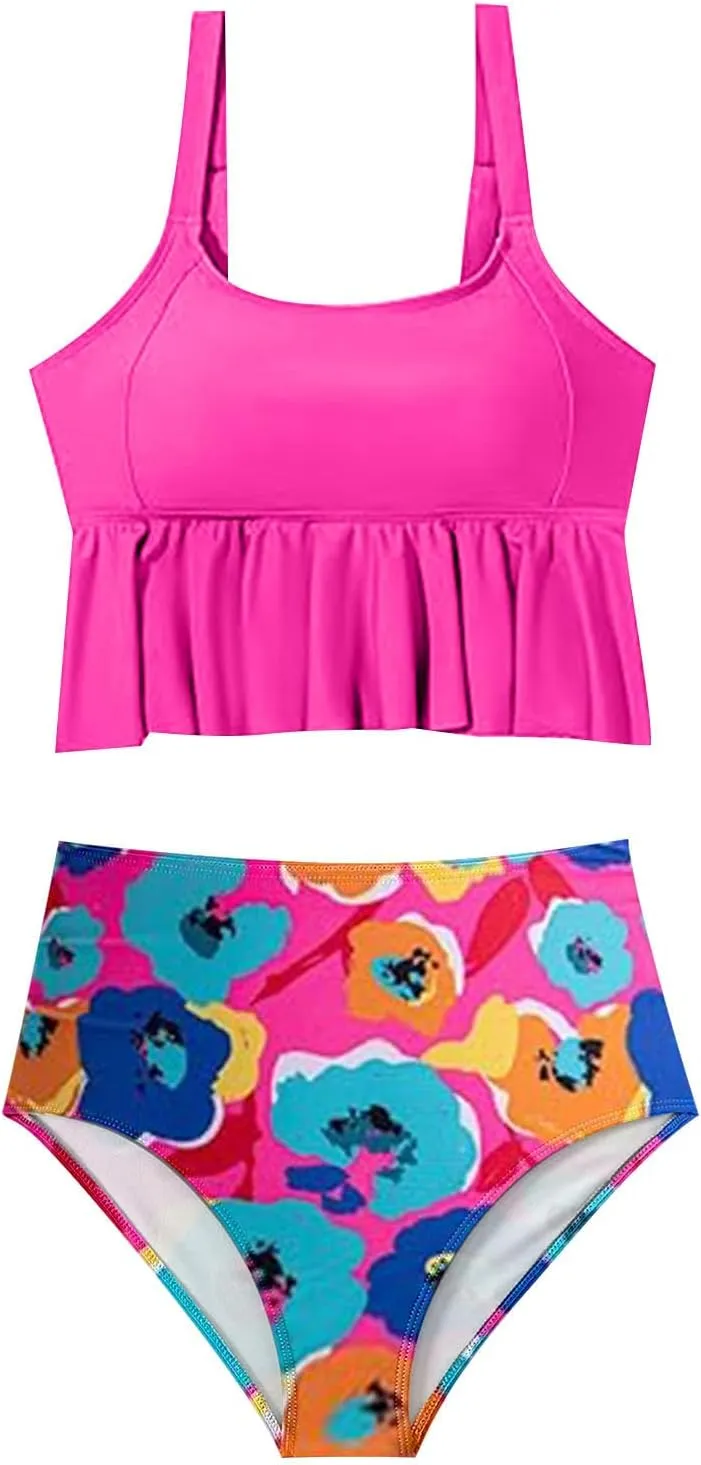 Tankini Swimsuits for Women Two Piece Tummy Control Bathing Suits Ruffle Hem Crop Top and High Waisted Bottom