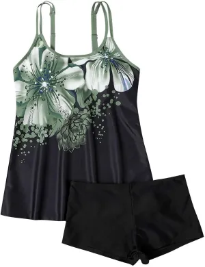 Tankini Swimsuits for Women with Shorts,Tummy Control Bathing Suit for Women Plus Size Modest Swim Tops Swimwear