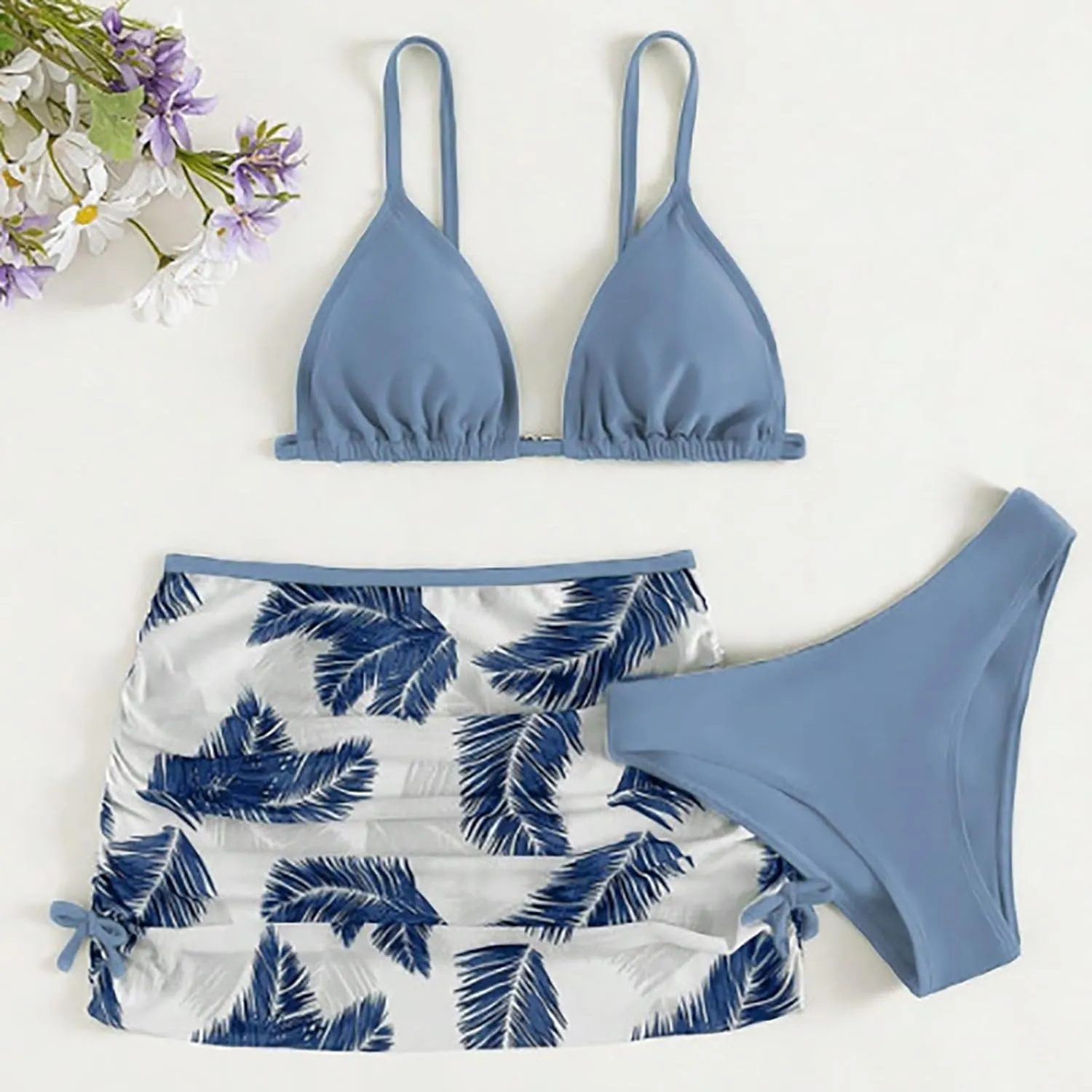 Teens Girls Flower Swimsuit 3 Piece Bathing Suits Cute Quick Dry Bikini Sets with Swim Skirt Beachwear Preppy Clothes