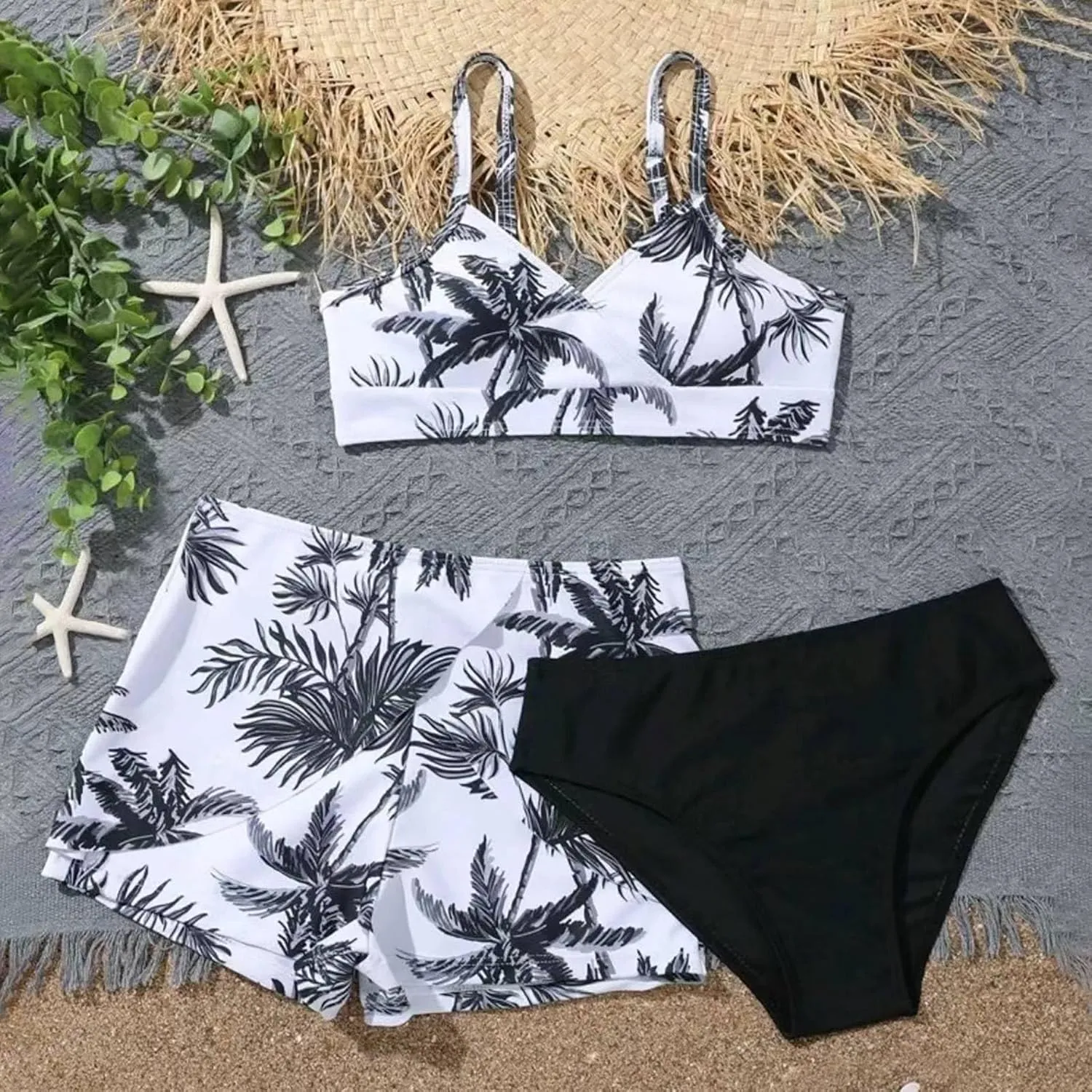 Teens Girls Flower Swimsuit 3 Piece Bathing Suits Cute Quick Dry Bikini Sets with Swim Skirt Beachwear Preppy Clothes
