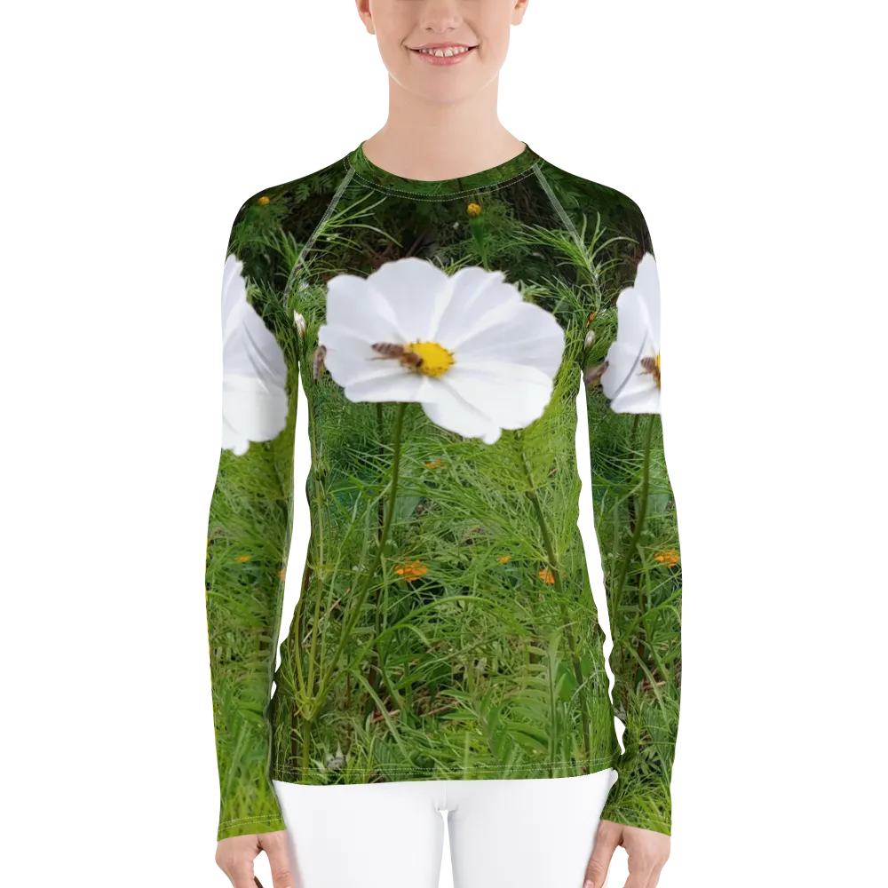 The FLOWER LOVE Collection - "Captivating Cosmos" Design Luxurious Women's Rash Guard, Sun Protective Clothing, Sports & Fitness Clothing