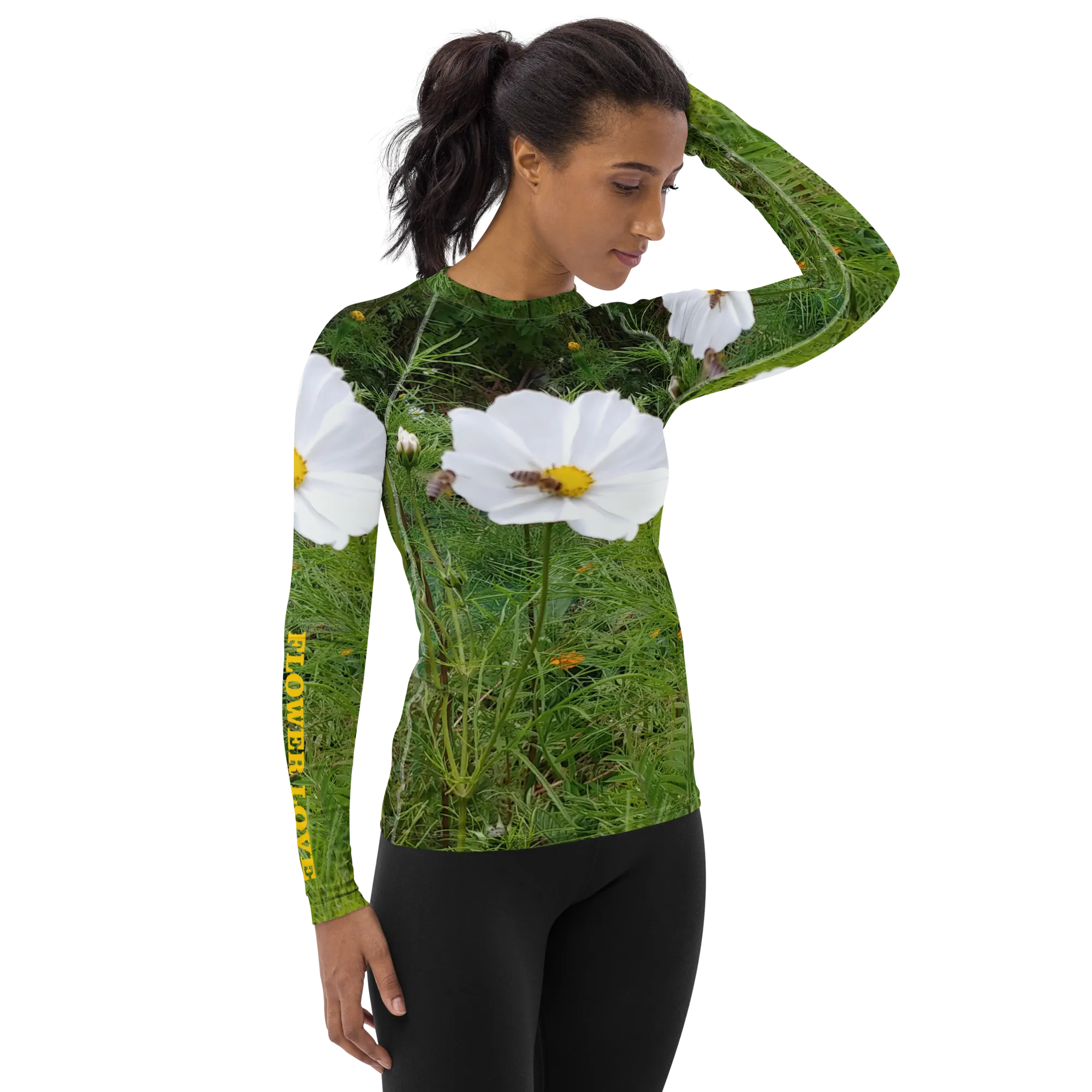 The FLOWER LOVE Collection - "Captivating Cosmos" Design Luxurious Women's Rash Guard, Sun Protective Clothing, Sports & Fitness Clothing