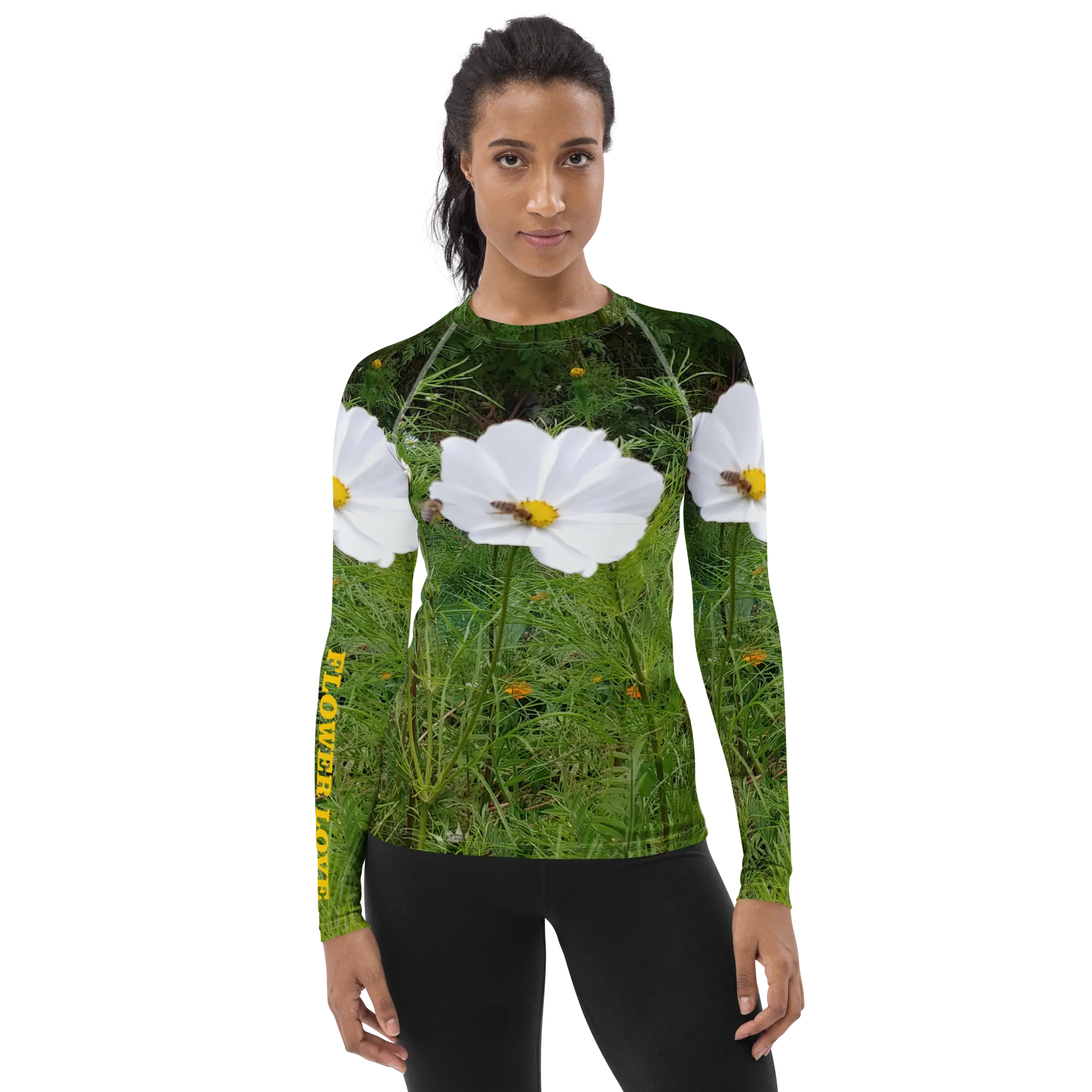 The FLOWER LOVE Collection - "Captivating Cosmos" Design Luxurious Women's Rash Guard, Sun Protective Clothing, Sports & Fitness Clothing