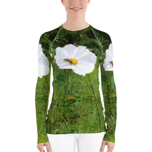 The FLOWER LOVE Collection - "Captivating Cosmos" Design Luxurious Women's Rash Guard, Sun Protective Clothing, Sports & Fitness Clothing