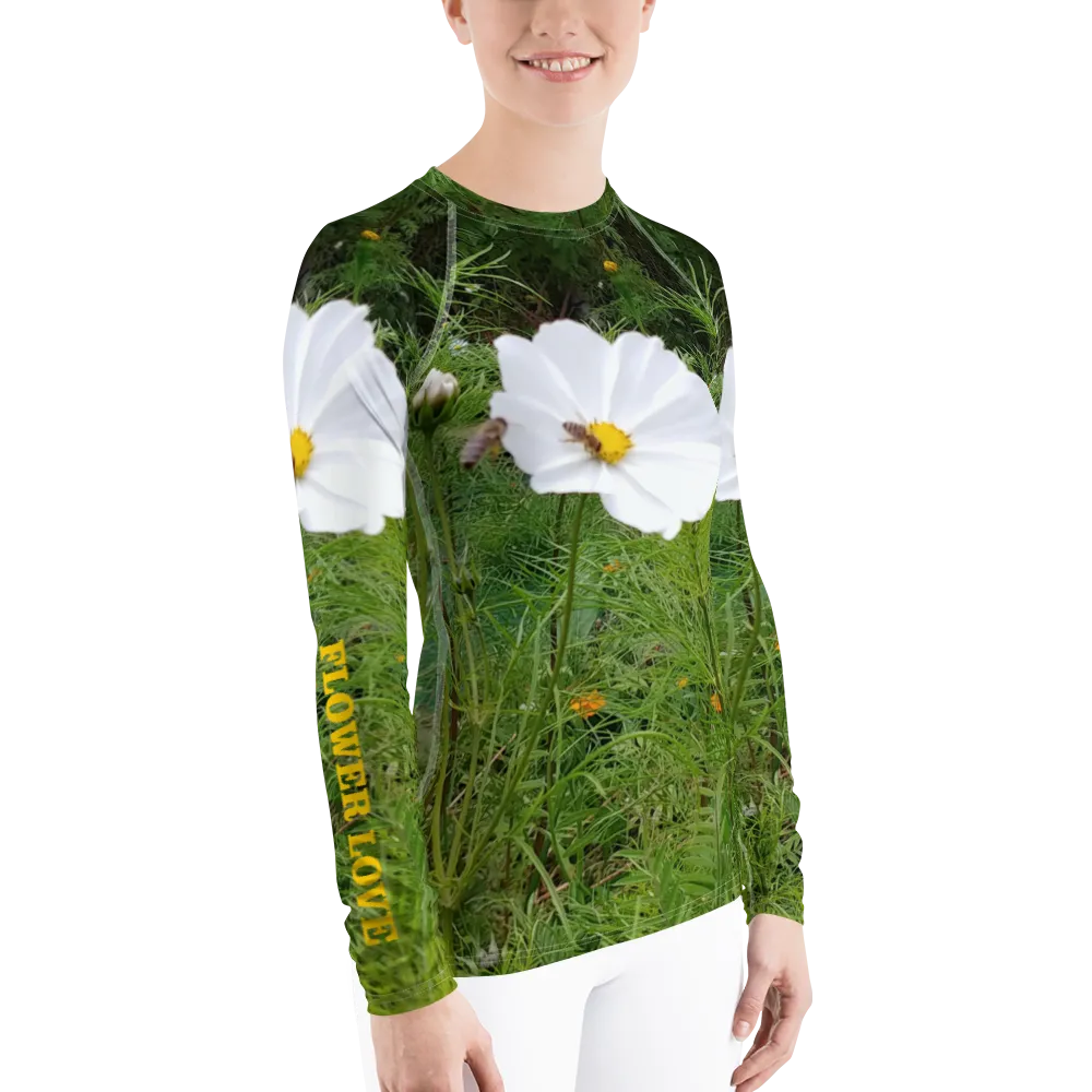 The FLOWER LOVE Collection - "Captivating Cosmos" Design Luxurious Women's Rash Guard, Sun Protective Clothing, Sports & Fitness Clothing