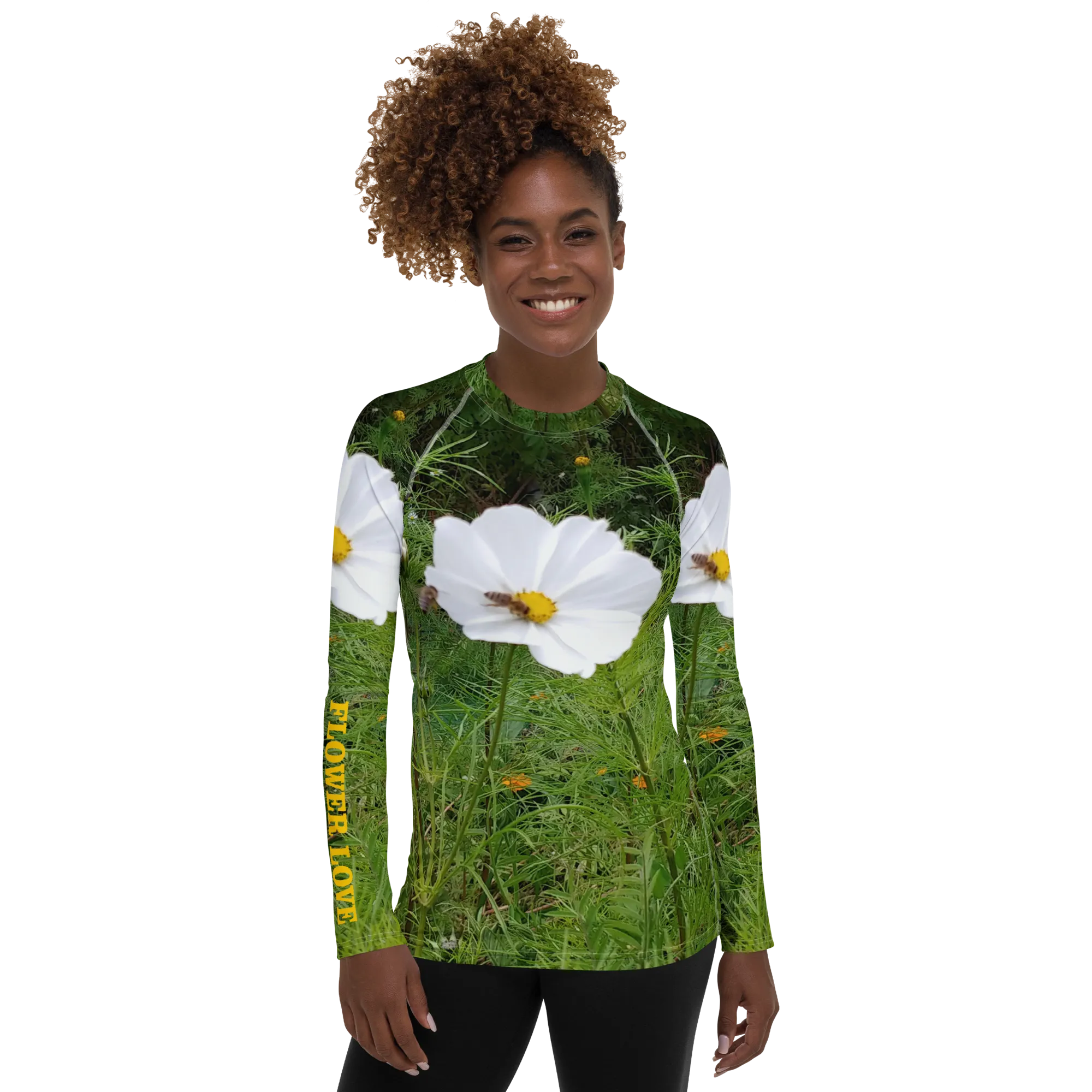 The FLOWER LOVE Collection - "Captivating Cosmos" Design Luxurious Women's Rash Guard, Sun Protective Clothing, Sports & Fitness Clothing