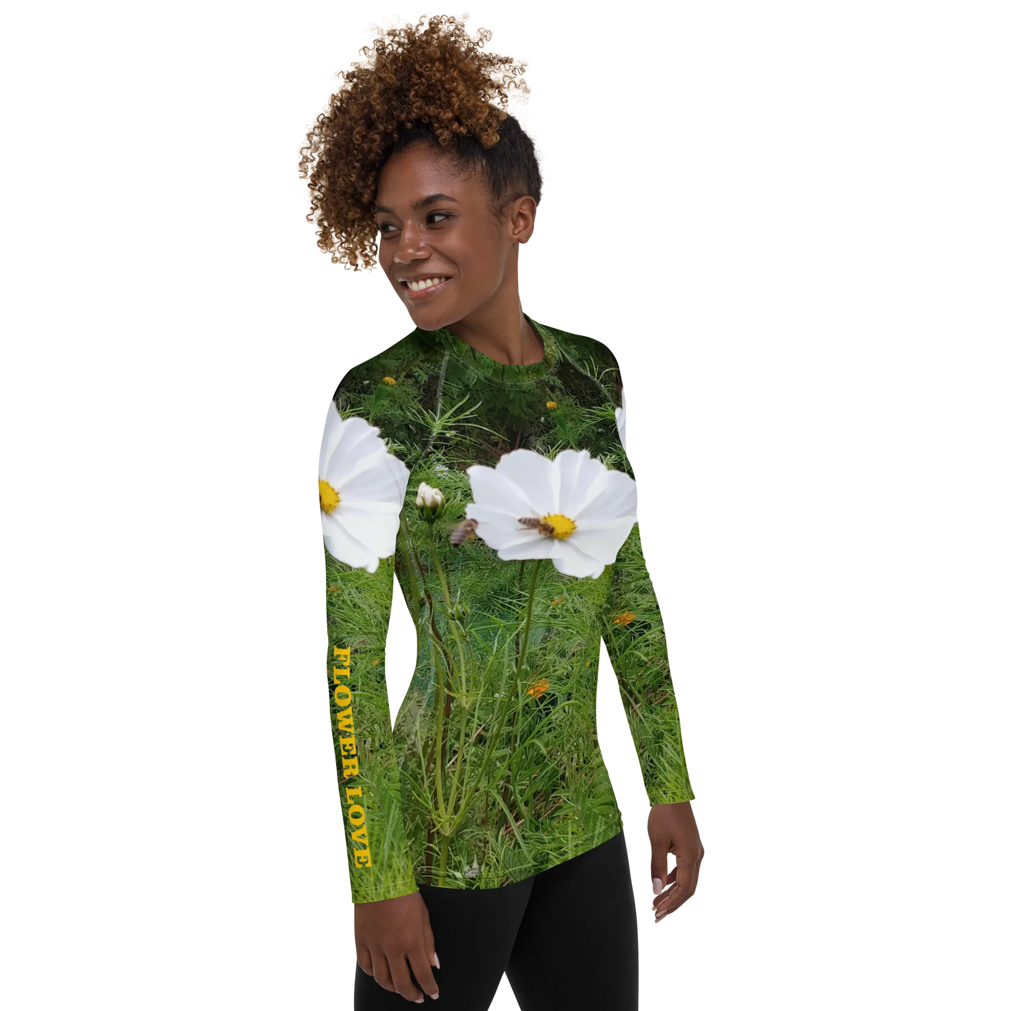 The FLOWER LOVE Collection - "Captivating Cosmos" Design Luxurious Women's Rash Guard, Sun Protective Clothing, Sports & Fitness Clothing