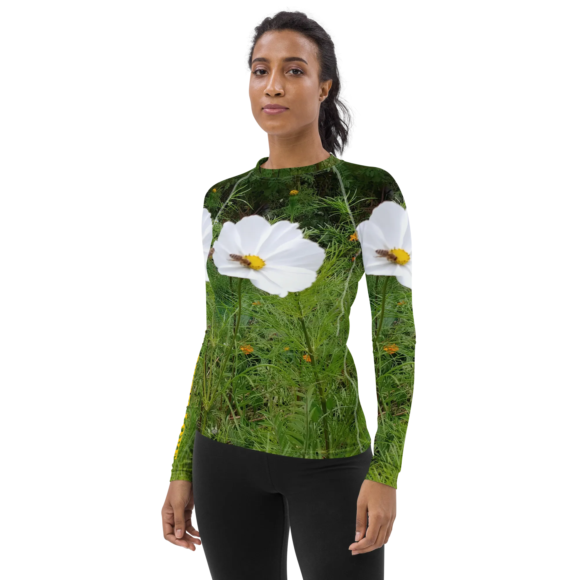 The FLOWER LOVE Collection - "Captivating Cosmos" Design Luxurious Women's Rash Guard, Sun Protective Clothing, Sports & Fitness Clothing