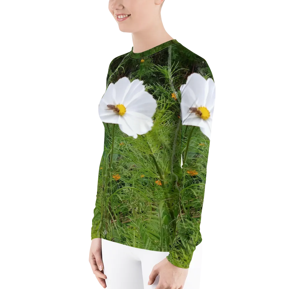 The FLOWER LOVE Collection - "Captivating Cosmos" Design Luxurious Women's Rash Guard, Sun Protective Clothing, Sports & Fitness Clothing