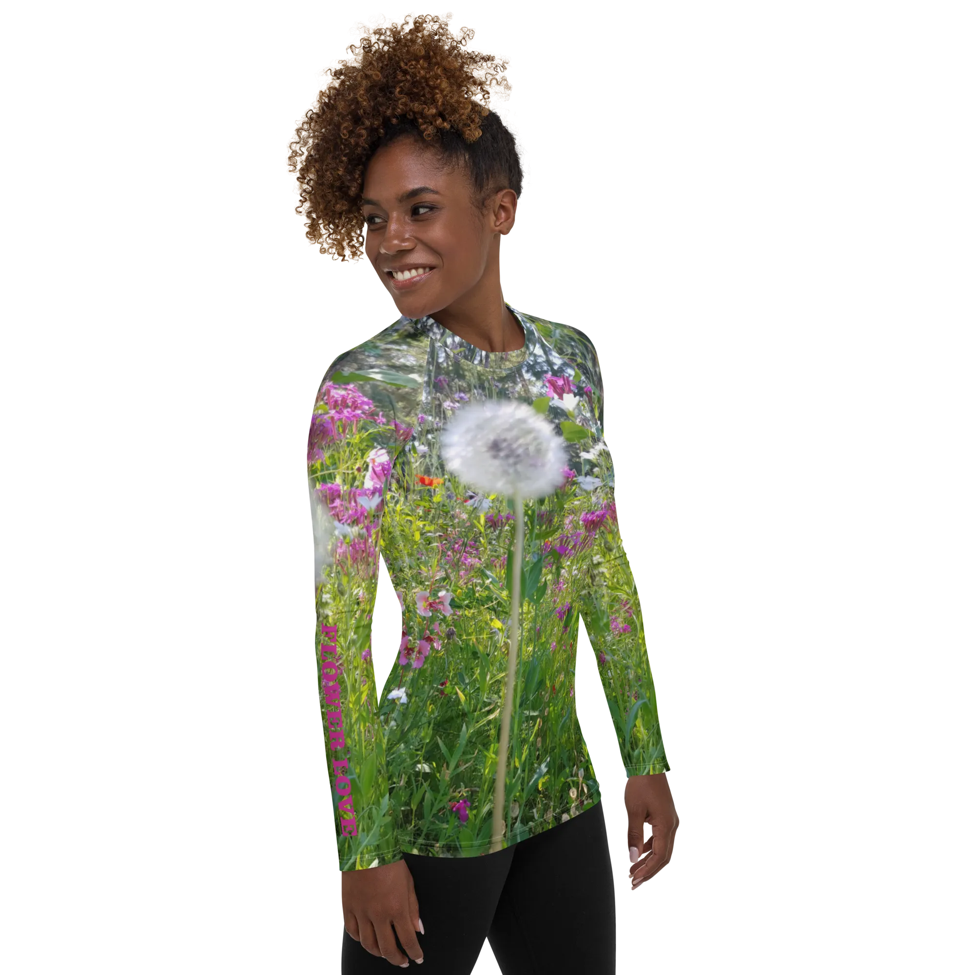 The FLOWER LOVE Collection - "Dreamy Dandelions" Design Luxurious Women's Rash Guard, Sun Protective Clothing, Sports & Fitness Clothing