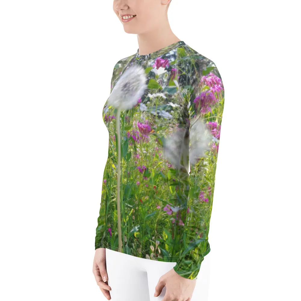 The FLOWER LOVE Collection - "Dreamy Dandelions" Design Luxurious Women's Rash Guard, Sun Protective Clothing, Sports & Fitness Clothing