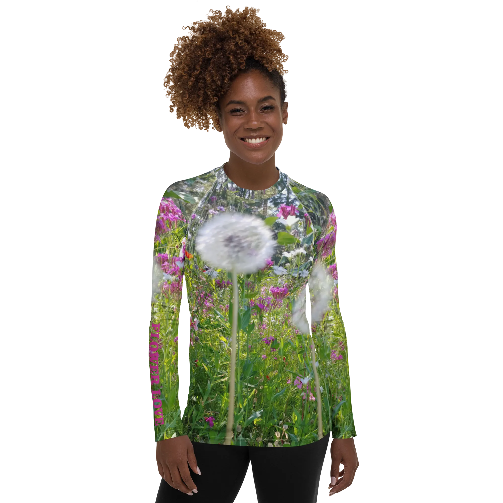 The FLOWER LOVE Collection - "Dreamy Dandelions" Design Luxurious Women's Rash Guard, Sun Protective Clothing, Sports & Fitness Clothing