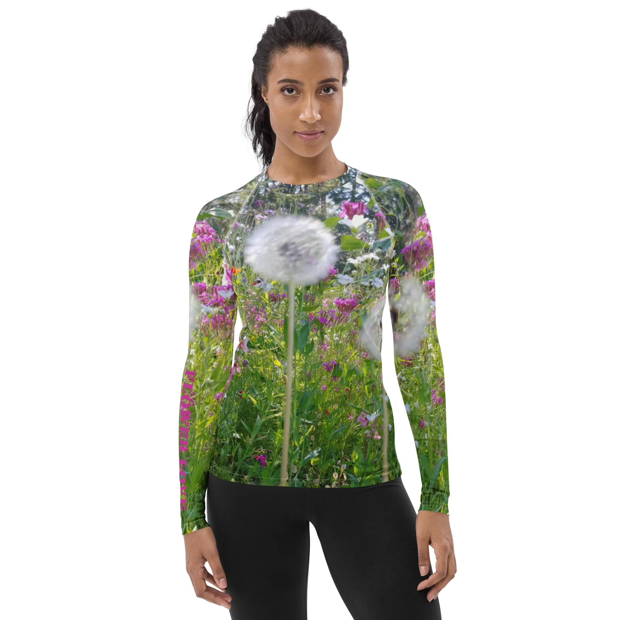 The FLOWER LOVE Collection - "Dreamy Dandelions" Design Luxurious Women's Rash Guard, Sun Protective Clothing, Sports & Fitness Clothing