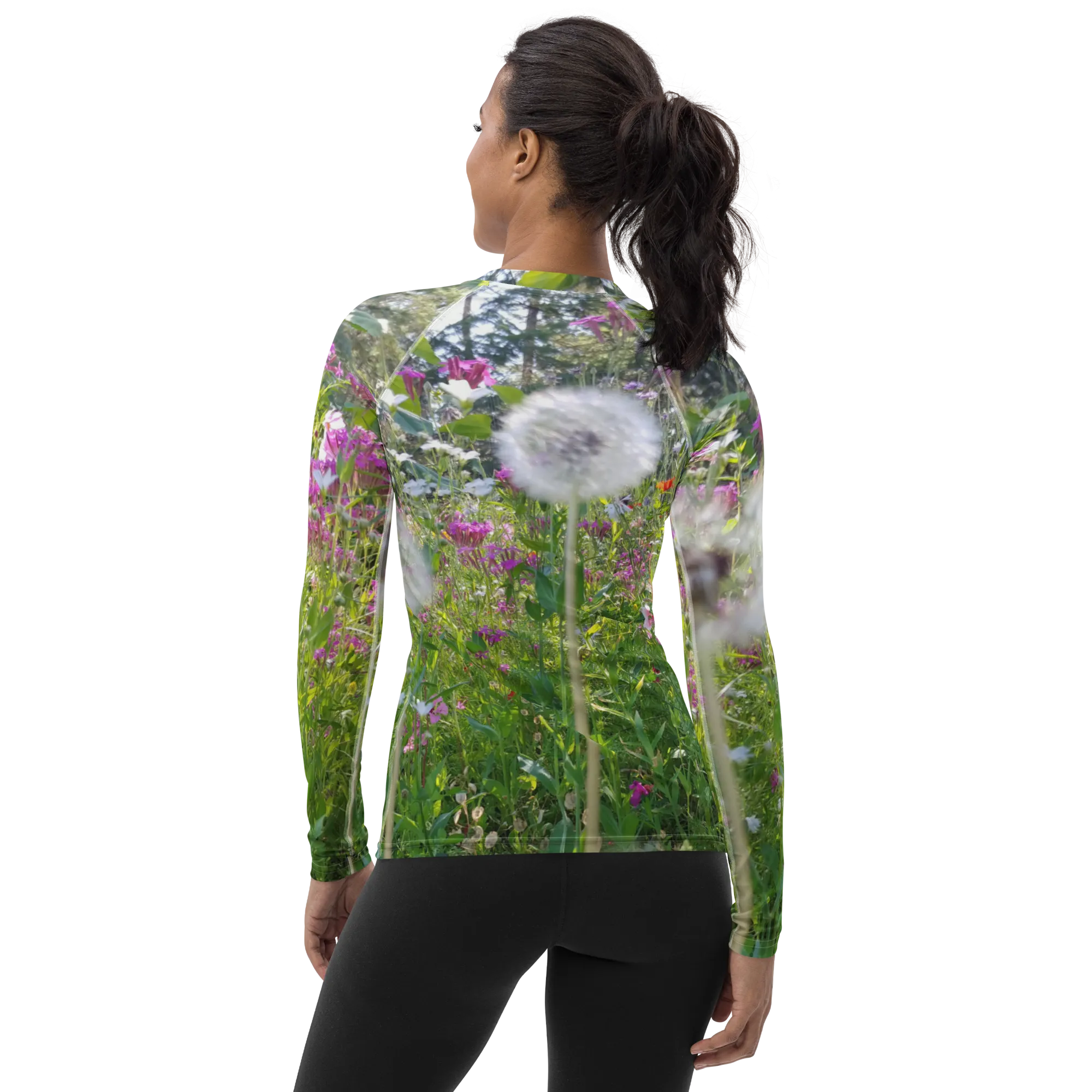 The FLOWER LOVE Collection - "Dreamy Dandelions" Design Luxurious Women's Rash Guard, Sun Protective Clothing, Sports & Fitness Clothing