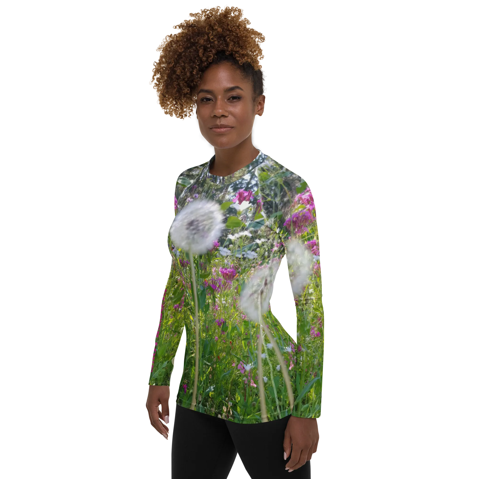 The FLOWER LOVE Collection - "Dreamy Dandelions" Design Luxurious Women's Rash Guard, Sun Protective Clothing, Sports & Fitness Clothing
