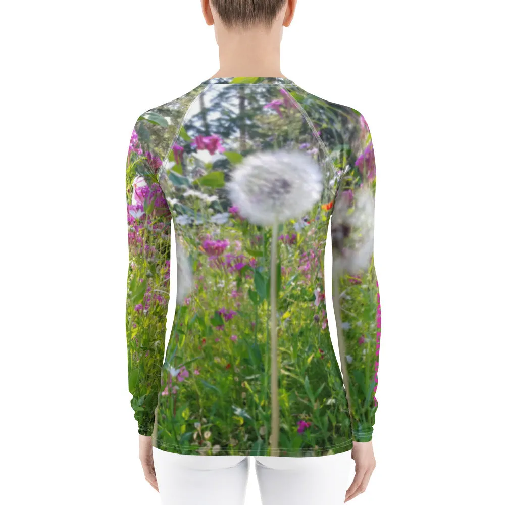 The FLOWER LOVE Collection - "Dreamy Dandelions" Design Luxurious Women's Rash Guard, Sun Protective Clothing, Sports & Fitness Clothing