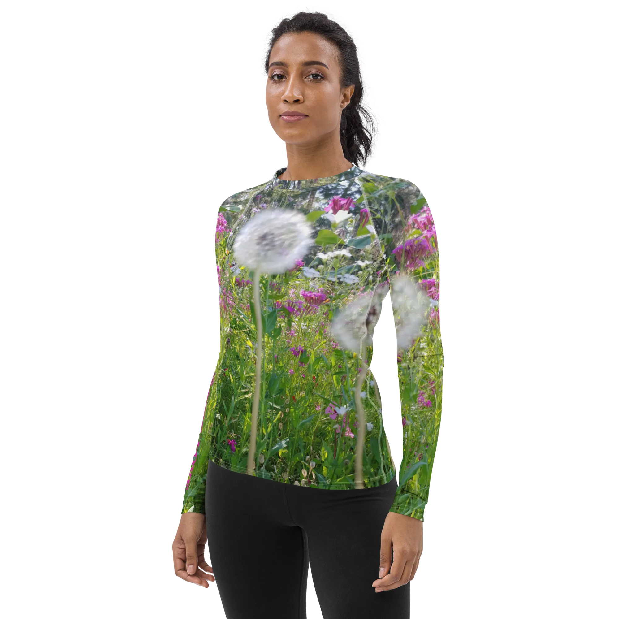 The FLOWER LOVE Collection - "Dreamy Dandelions" Design Luxurious Women's Rash Guard, Sun Protective Clothing, Sports & Fitness Clothing