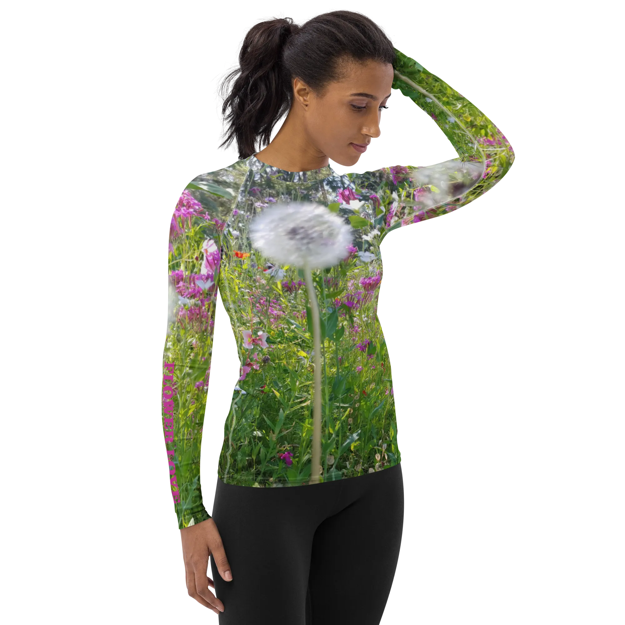 The FLOWER LOVE Collection - "Dreamy Dandelions" Design Luxurious Women's Rash Guard, Sun Protective Clothing, Sports & Fitness Clothing